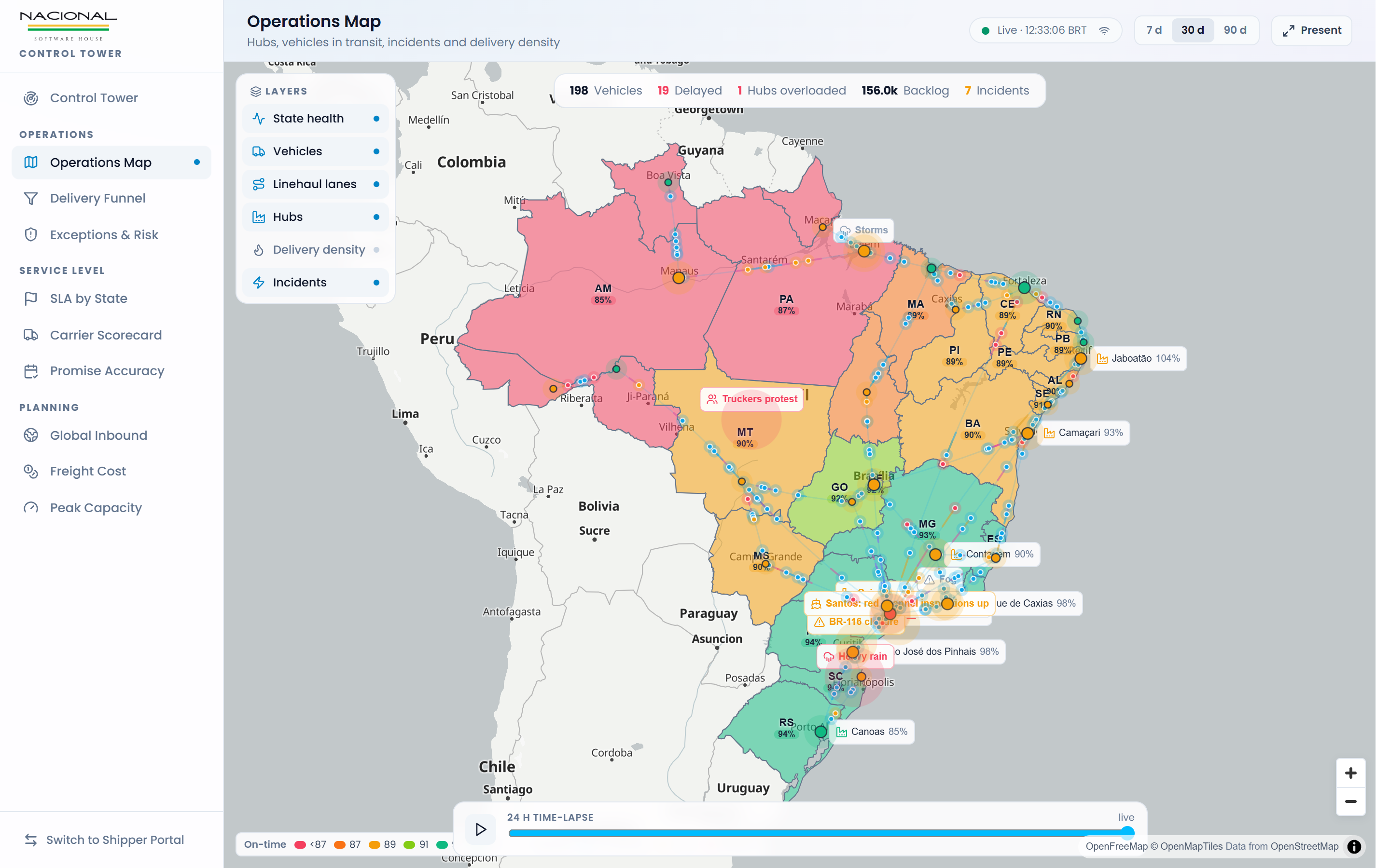 Mapa de operações e SLA por estado